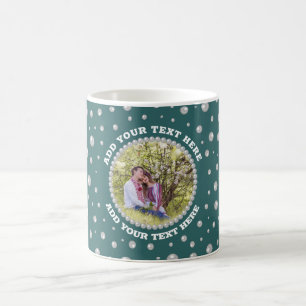 Caneca De Café Foto Personalizada com Círculo de Pérolas em Azul 