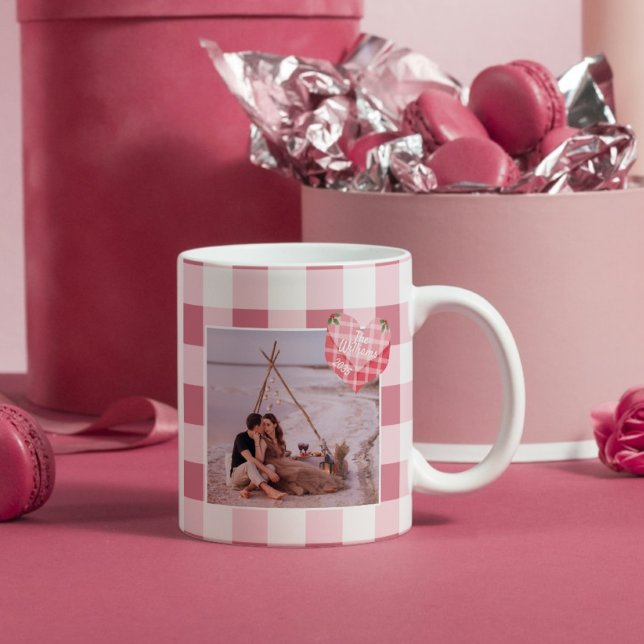 Caneca De Café Foto Personalizada de Gingham, Coração Rosa, Bonit (Criador carregado)