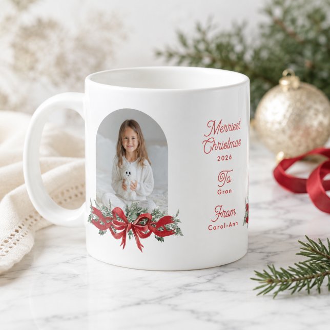 Caneca De Café Foto Personalizada de Natal com Laço Vermelho da F (Criador carregado)