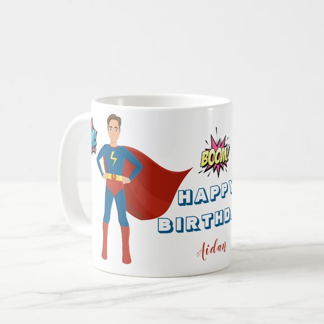 Caneca De Café Foto personalizada de super-herói Aniversário (Frente Esquerda)