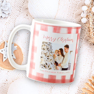 Caneca De Café Foto personalizada de Xadrez de Gingham Vermelho e