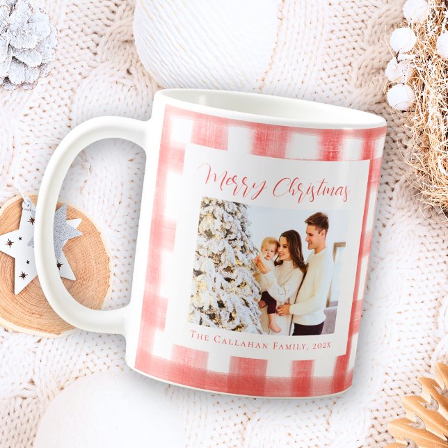 Caneca De Café Foto personalizada de Xadrez de Gingham Vermelho e (Criador carregado)