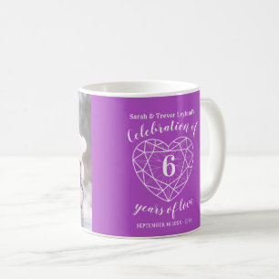 Caneca De Café Foto personalizada do coração roxo 6 aniversário