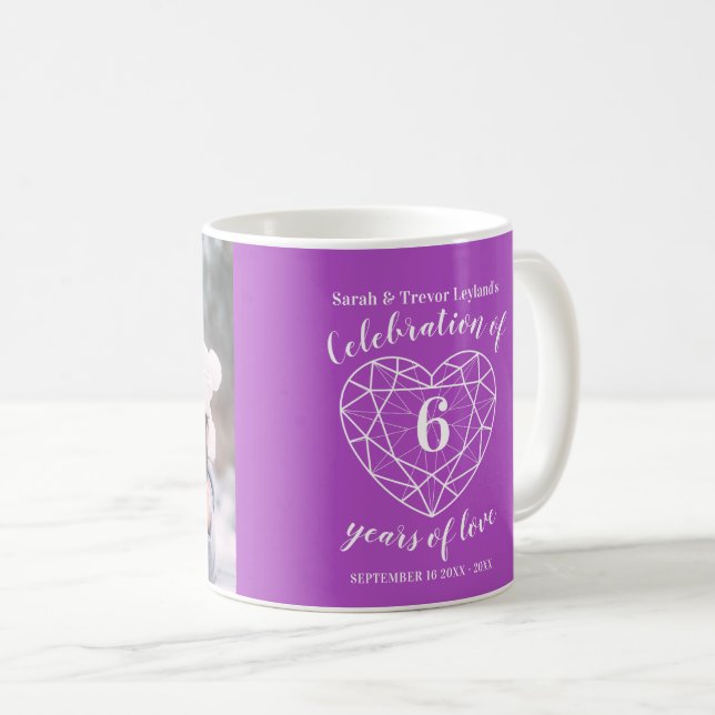 Caneca De Café Foto personalizada do coração roxo 6 aniversário (Frente Esquerda)
