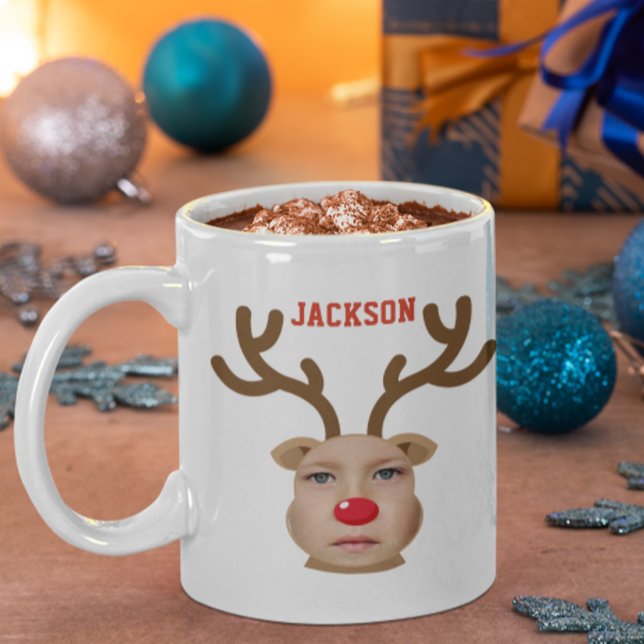 Caneca De Café Foto Revista Face Personalizada Mug (Cute Photo Face Christmas Reindeer - Rudolf )