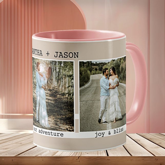 Caneca De Café Foto Simples de Casamento de Linha do Tempo Elegan (Bridal mug featuring your photos framed by an elegant minimalist design in white and tan)