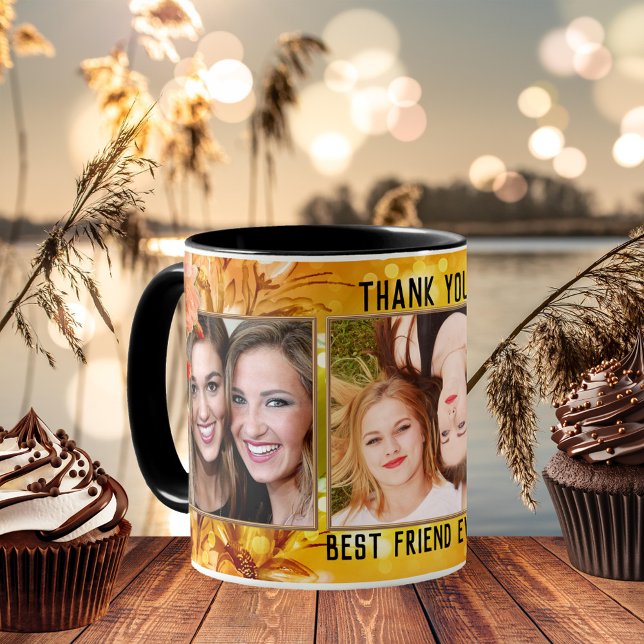 Caneca De Café Fotos de Obrigado Melhor Amiga Doce Mel (Best friends photo mug featuring your own photos framed by a honey sweet floral design with roses)