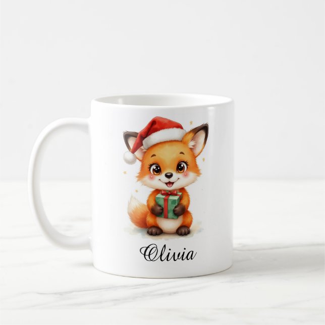 Caneca De Café Fox Cub in Santa Hat Custom Name Mug (Esquerda)