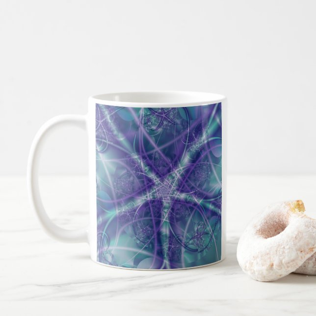 Caneca De Café Fractal com Formas Azul Roxo e Estrela Branca (Com Donut)