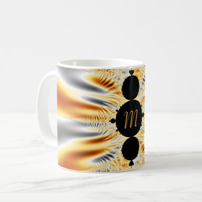 Caneca De Café Fractal Elegante Ouro Laranja e Prata Monograma (Frente Esquerda)