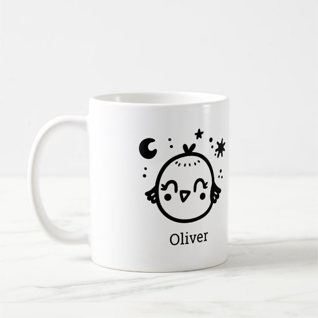Caneca De Café Frango Alegre - Arte de Linha de Pássaro Kawaii" (Esquerda)