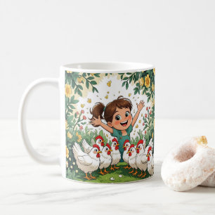 Caneca De Café Frango de desenho animado fofo, floral colorido. A
