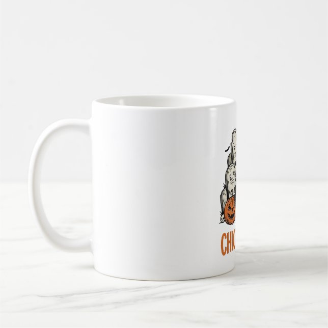 Caneca De Café Frango Engraçado ou Gosto de Halloween Frango Gráf (Esquerda)