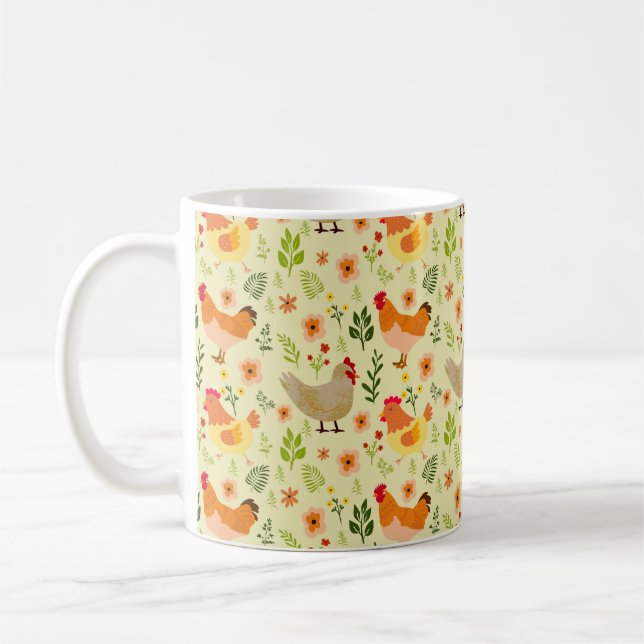 Caneca De Café Frango sem Fazenda e Padrão Floral (Esquerda)