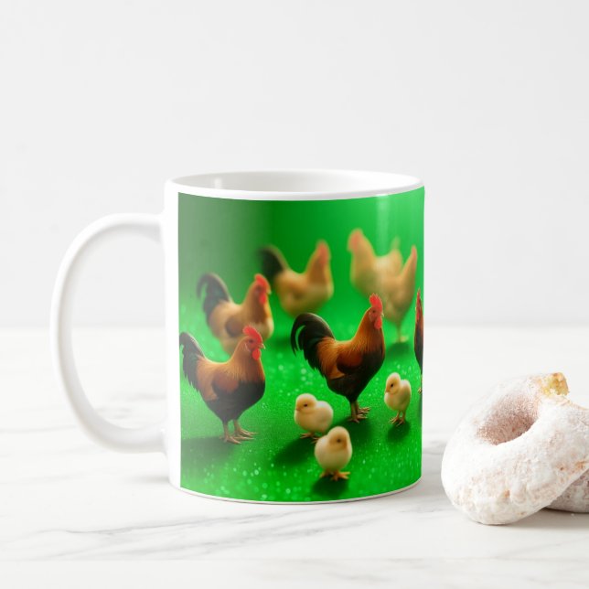 Caneca De Café Frangos em um Fundo Verde (Com Donut)