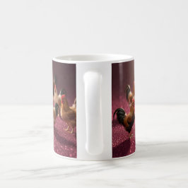 Caneca De Café Frangos em um fundo vermelho escuro