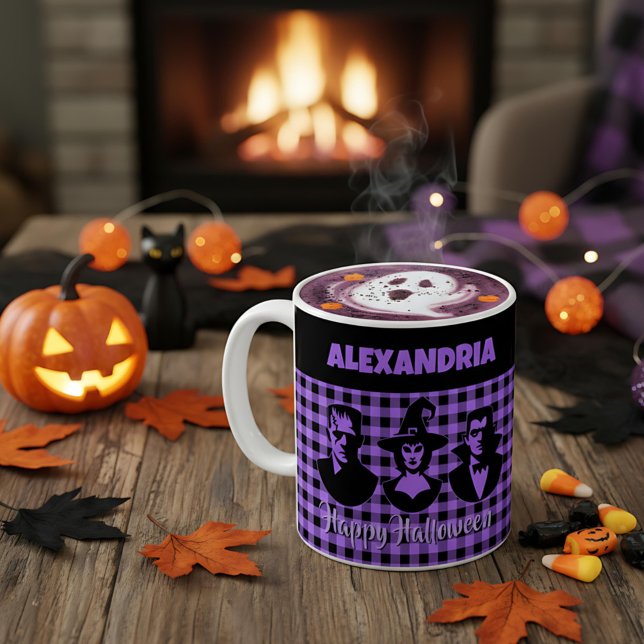 Caneca De Café Frankenstein Bruxa Vampiro Xadrez Roxo de Hallowee (Criador carregado)