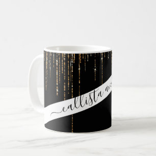 Caneca De Café Frente Glitter Preto-Dourado Espelho Preto-Luxo