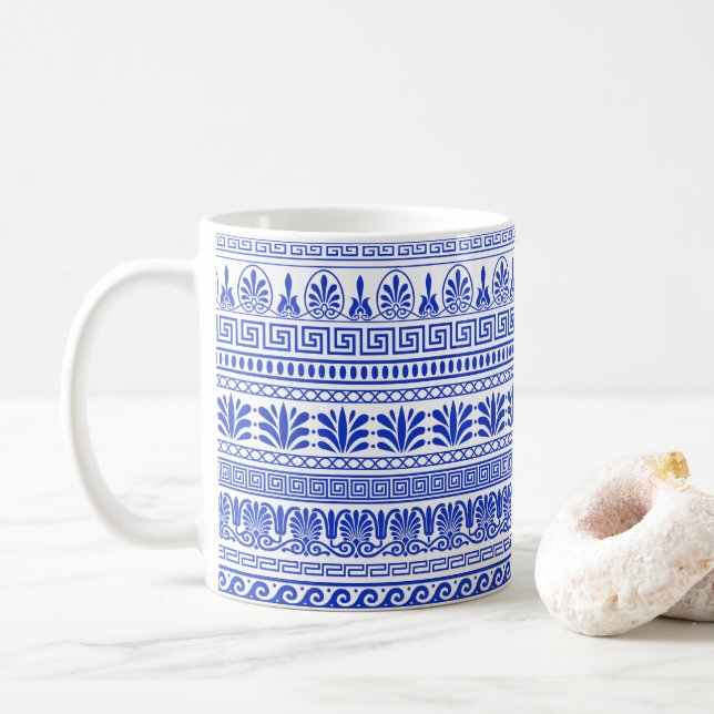 Caneca De Café Frete Grego, Padrão Mediterrânico, Azul (Com Donut)