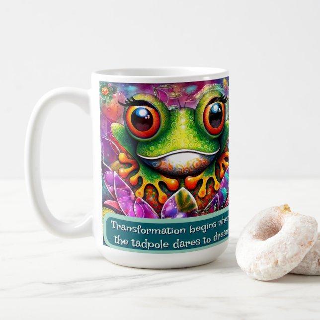 Caneca De Café Frog Whimsical Abstract Art Floral Personalized (Com Donut)