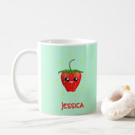 Caneca De Café Fruta de morango monograma kawaii em turquesa