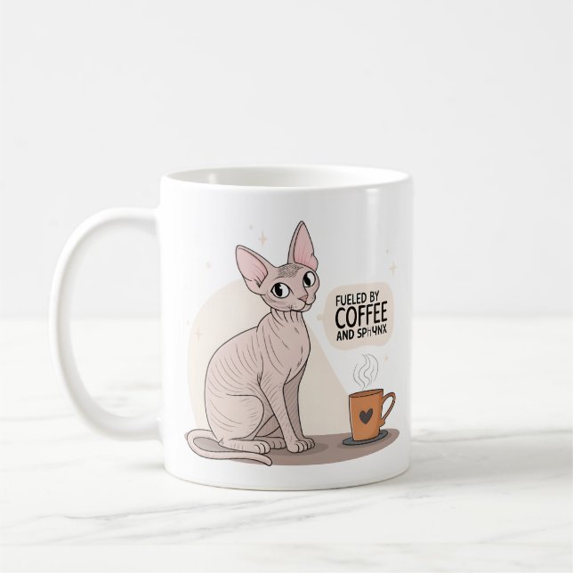 Caneca De Café Fueled by Coffee and Sphynx Cat Illustration (Esquerda)