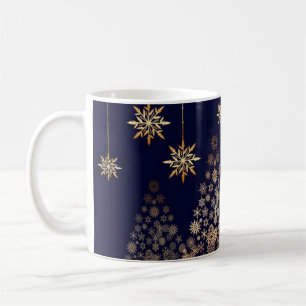 Caneca De Café Fundo Azul com Árvore de Natal Ouro