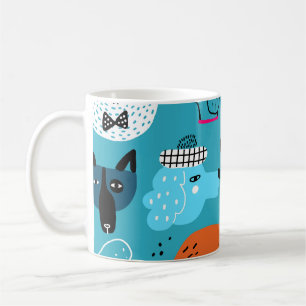 Caneca De Café Fundo Azul, Padrão De Cachorro Reproduzível.