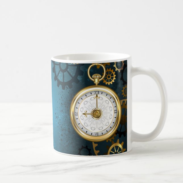 Caneca De Café Fundo azul turquesa Steampunk com engrenagens (Direita)