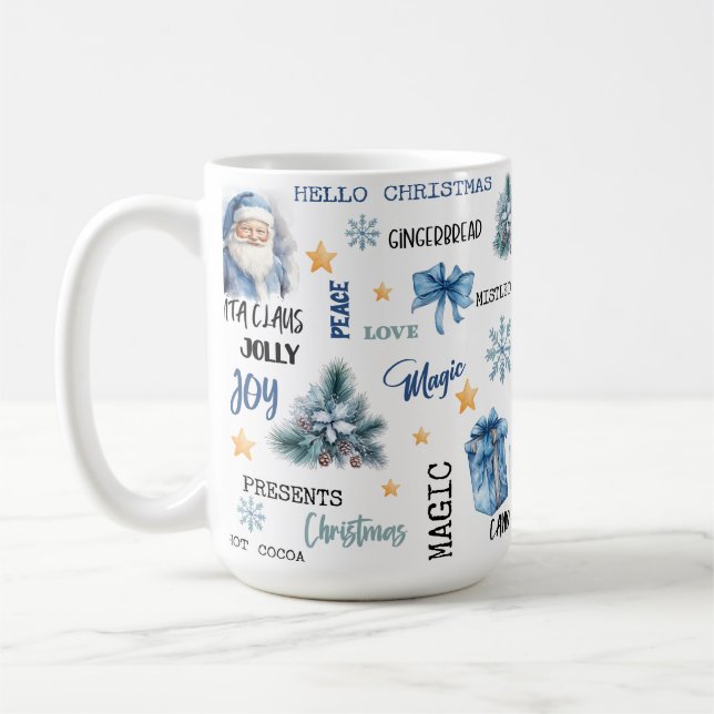 Caneca De Café Fundo Branco com Papai Noel Azul e Presentes (Esquerda)