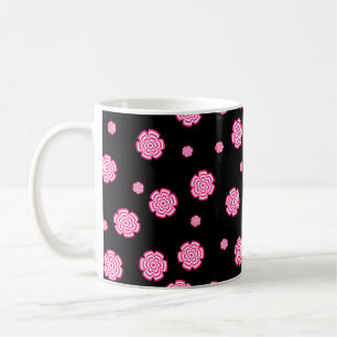 Caneca De Café Fundo escuro, flores rosa estilizadas e brilhantes