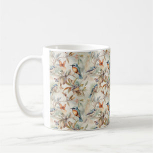 Caneca De Café fundo floral com aves e borboletas Mug