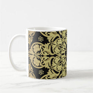 Caneca De Café Fundo Floral com Ondas Douradas de Luxo