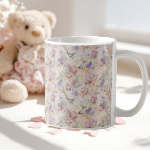 Caneca De Café fundo floral com pássaros e borboletas