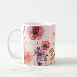 Caneca De Café Fundo Rosa Pó com papoulas e Flores Silvestres