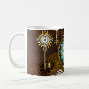 Caneca De Café Fundo Rusty Steampunk com Lentes Turquesa