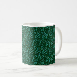 Caneca De Café Fundo Verde Escuro com Folhas Botânicas em Verde A