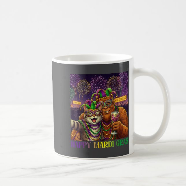 Caneca De Café Funny Cat Bigfoot Selfie Mardi Gras Carnival Party (Direita)