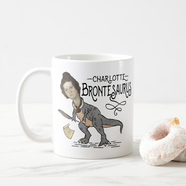 Caneca De Café Funny Charlotte Bronte Surus Dinossaur Book Reader (Com Donut)