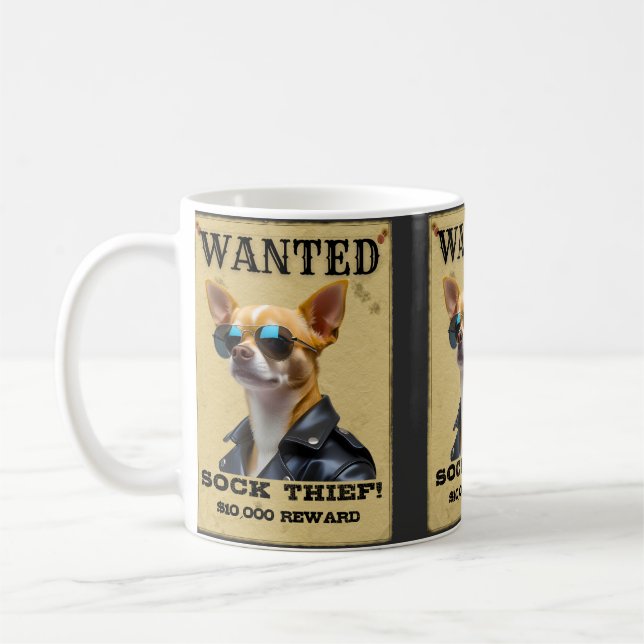 Caneca De Café Funny Chihuahua WANTED Poster with Cool Sunglasses (Esquerda)