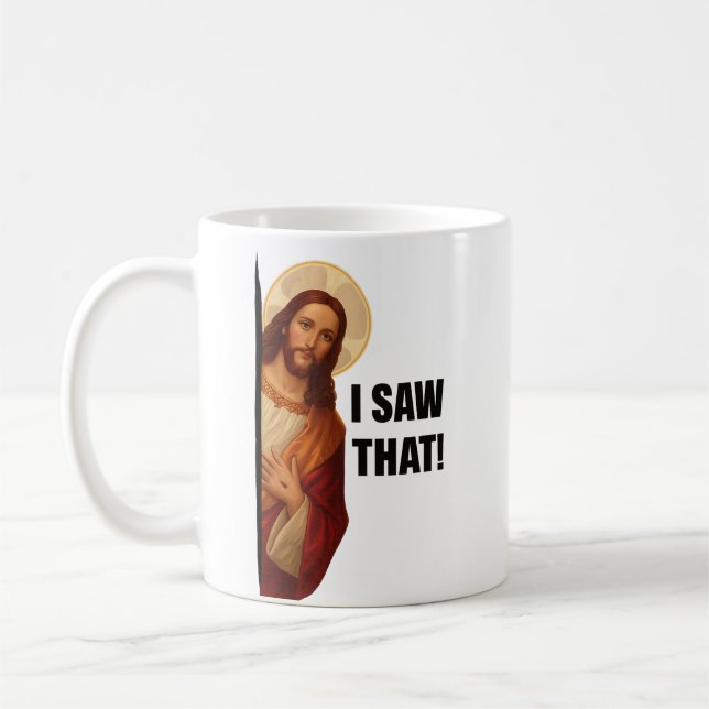 Caneca De Café Funny Jesus "I Saw That" Christian meme design (Esquerda)
