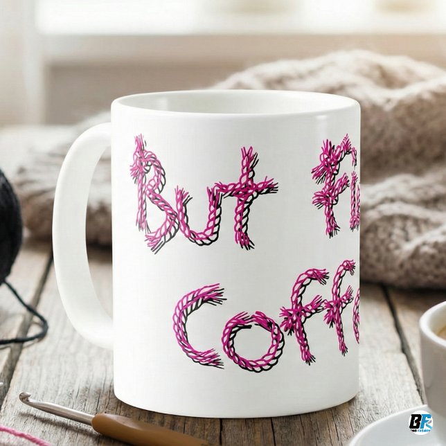 Caneca De Café Funny Knitting Crochet "But First Coffee" Pink Yar (Criador carregado)