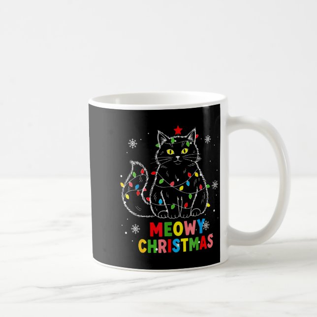 Caneca De Café Funny Meowy Christmas Xmas Lights Black Cat Pajama (Direita)