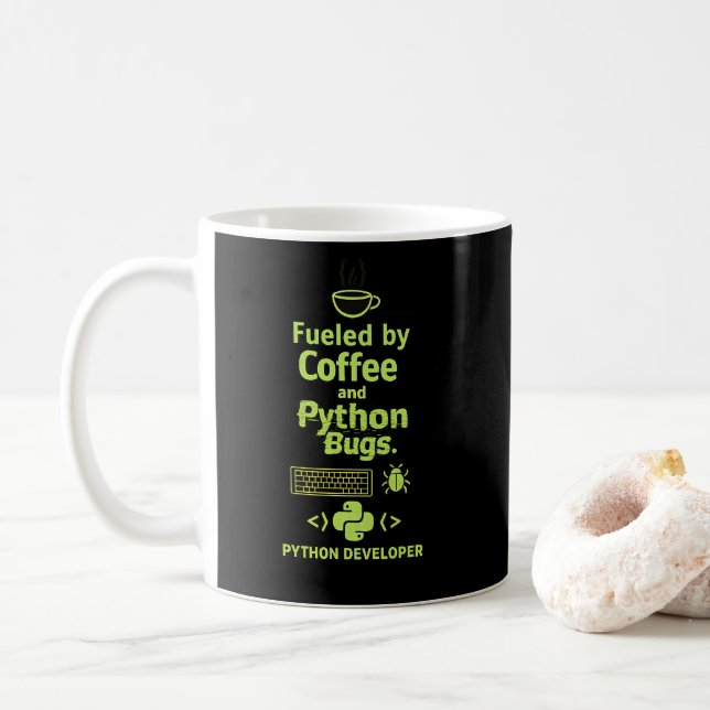 Caneca De Café Funny Python Developer – Fueled by Coffee bugs  (Com Donut)