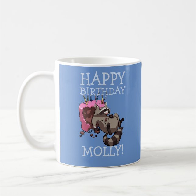 Caneca De Café Funny Raccoon Happy Birthday Add The Name Cartoon (Esquerda)