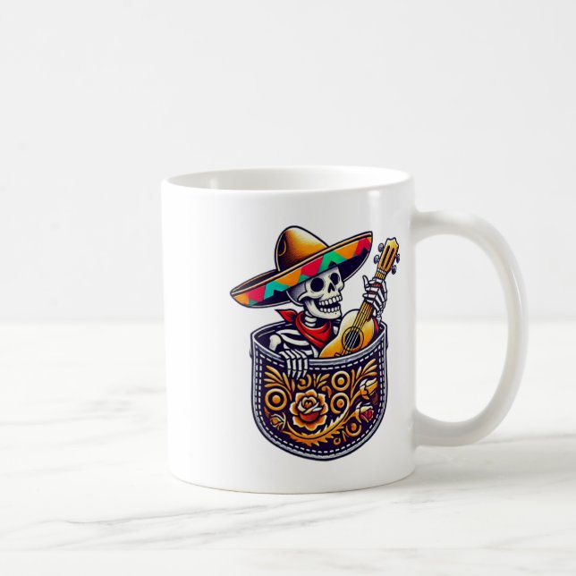 Caneca De Café Funny Skeleton Mariachi Guitarra Cinco De Maio (Direita)