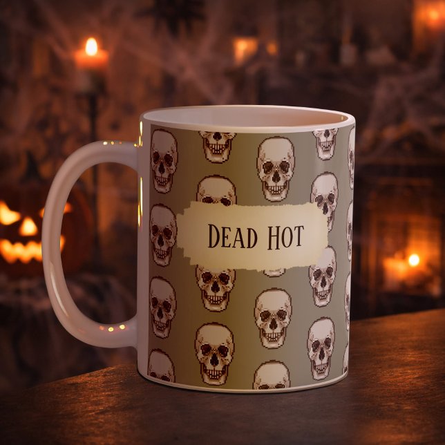Caneca De Café Funny Skull Dead Hot Gothic Gray Pixel Art Pattern (Criador carregado)