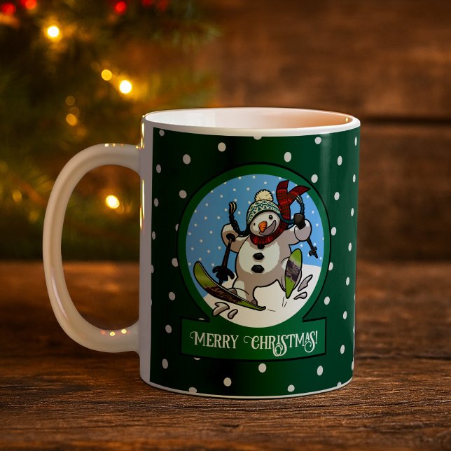 Caneca De Café Funny Snowman Merry Christmas! Skiing Cartoon (Criador carregado)