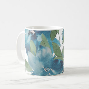 Caneca De Café Fusão Floral Azul Aquarela Pintada à Mão