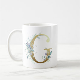 Caneca De Café G ouro inicial com folhagem floral azul